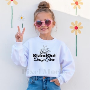 Gildan 18000B White Mockup, Youth 18000B Crewneck Sweatshirt Trendy Model Mockups, G180 White Sweater Girl Mockup, Gildan Sweatshirt Mockup