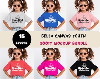 Bella Canvas 3001Y jeugdt-shirt mockupbundel, BC3001Y meisjesmodel T-shirt mock-upbundel, zomertrendy BC3001Y jeugdshirtmodel mockups