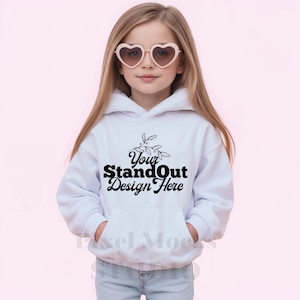 Gildan 18500B White Hoodie Mockup, Youth 18500B Hooded Sweatshirt girl Model Mock-up, Gildan 18500B Hoodie Neutral Styled Mockup