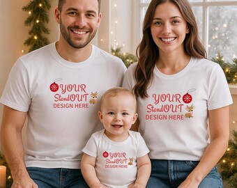 Christmas Family Mockup, White Bella Canvas 3001 Tshirt 100b Onesie Mockup, White Shirt Mom Dad Baby Family Mockup, Family Christmas Mock-Up