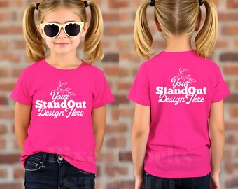 Heliconia Gildan 5000B Youth Tshirt Front & Back Mockup, G5000B Girl's Tee Front Back Split View Mockup, Gildan 5000B Kids Trendy Mockup