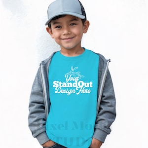 Lagoon Blue Comfort Colors 9018 Youth Tee Model Mockup, CC9018 T-Shirt Boy Model Mock-up Trendy CC9018 Kids Lagoon Blue Shirt Model Mock