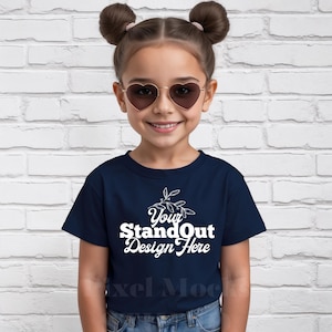 Navy Gildan 5000B Tshirt Mockup, Girl&#39;s Tee Modeled Mock-Up, Gildan 5000B kids Navy T-Shirt Mockup, 5000B Youth Trendy Mockup