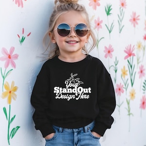 RABBIT SKINS 3317 Toddler Black Fleece Sweatshirt Mockup, Kids Crewneck Sweater Mockup, RS 3317 Sweatshirt Trendy Stylish girl model Mockup
