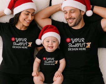 Christmas Family Mockup, Black Bella Canvas 3001 Shirt 100b Onesie Mockup, Black TShirt Mom Dad Baby Family Mockup, Family Christmas Mock-Up