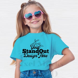 Comfort Colors 9018 Lagoon Blue Youth Tee Model Mockup, CC9018 T-Shirt Girl Model Mock-up, Simple Minimal CC9018 Girl Shirt Model Mockup