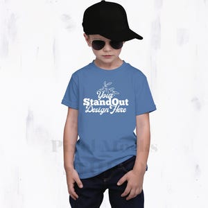 Blue Jean Comfort Colors 9018 Youth Tee Model Mockup, CC9018 T-Shirt Boy Model Mock-up, Trendy CC9018 Kids Shirt Simple Trendy Model Mock