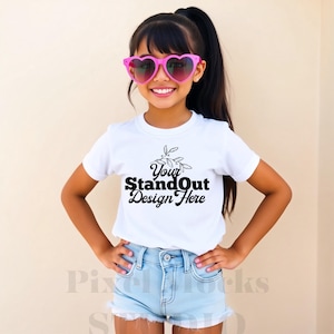 White Gildan 5000B Tshirt Mockup, Girl&#39;s Tee Modeled Mock-Up, Gildan 5000B kids White T-Shirt Mockup, 5000B Youth Trendy Mockup