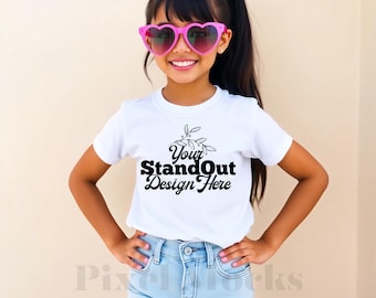 White Gildan 5000B Tshirt Mockup, Girl's Tee Modeled Mock-Up, Gildan 5000B kids White T-Shirt Mockup, 5000B Youth Trendy Mockup