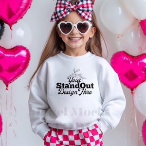 Gildan 18000B Sweatshirt White Mockup, G18000B Youth Crewneck Sweatshirt Trendy Girl Model Mock-up, G180B Kids Sweatshirt Mockup
