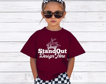 Gildan 5000B Maroon Youth girl Tshirt Mockup, Gildan Cotton Shirt Trendy Girl Model POD High-Quality Apparel mockup, G5000B Summer Mock-up