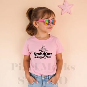 Pink Bella Canvas 3001Y Tshirt Mockup, Girl&#39;s Tee Modeled Mock-Up, Bella Canvas kids Pink T-Shirt Mockup, BC 3001Y Youth Model Trendy Mockup