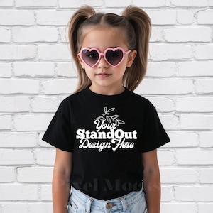 Black Gildan 5000B Tshirt Mockup, Girl&#39;s Tee Modeled Mock-Up, Gildan 5000B kids Black T-Shirt Mockup, 5000B Youth Trendy Mockup