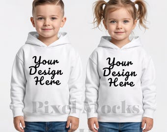 Rabbit Skins 3326 Toddler Boy Girl Group White Hoodie Mockup, RS 3326 Group Fleece Pullover PSD Jpg, Kids Apparel POD Mock-up