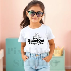 White Bella Canvas 3001Y Tshirt Mockup, Girl&#39;s Tee Modeled Mock-Up, Bella Canvas kids White T-Shirt Mockup, BC 3001Y Youth Trendy Mockup