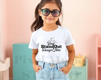 White Bella Canvas 3001Y Tshirt Mockup, Girl's Tee Modeled Mock-Up, Bella Canvas kids White T-Shirt Mockup, BC 3001Y Youth Trendy Mockup