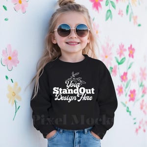 RABBIT SKINS 3317 Toddler Black Fleece Sweatshirt Mockup, Youth Crewneck Sweater Mockup Diverse Mockup RS 3317 Sweatshirt Kids Model Mockups