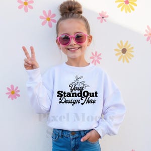 Gildan 18000B White Mockup, Youth 18000B Crewneck Sweatshirt Trendy Model Mockups, G180 White Sweater Girl Mockup, Gildan Sweatshirt Mockup