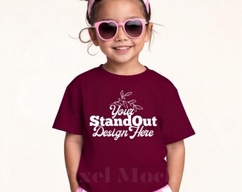 Gildan 5000B Maroon Youth Tshirt Mockup, G5000B Maroon T-shirt Girl Mock-up, Gildan Simple Trendy Minimal Tee Shirt Girl Model Mockup