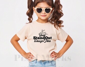 Natural Bella Canvas 3001Y Tshirt Mockup, Girl's Tee Modeled Mock-Up, Bella Canvas kids Beige T-Shirt Mockup, BC 3001Y Youth Trendy Mockup