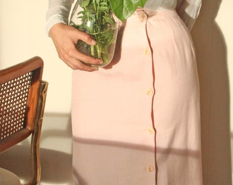 Vintage 1970s Light Pink Linen Side Button Midi Skirt