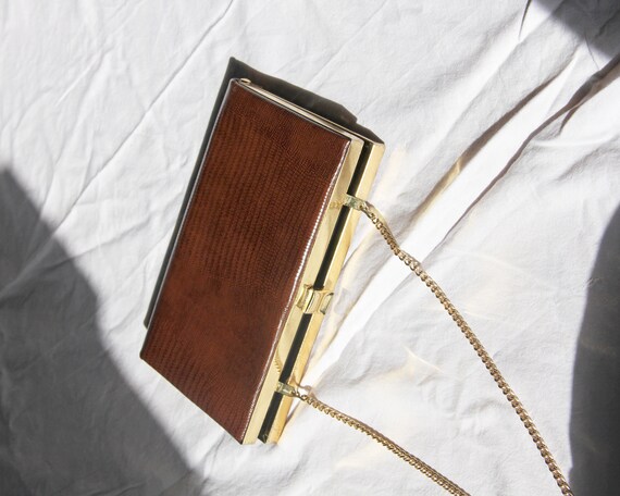 Vintage 1960s Cocoa Lizard Gold Chain Box Purse /