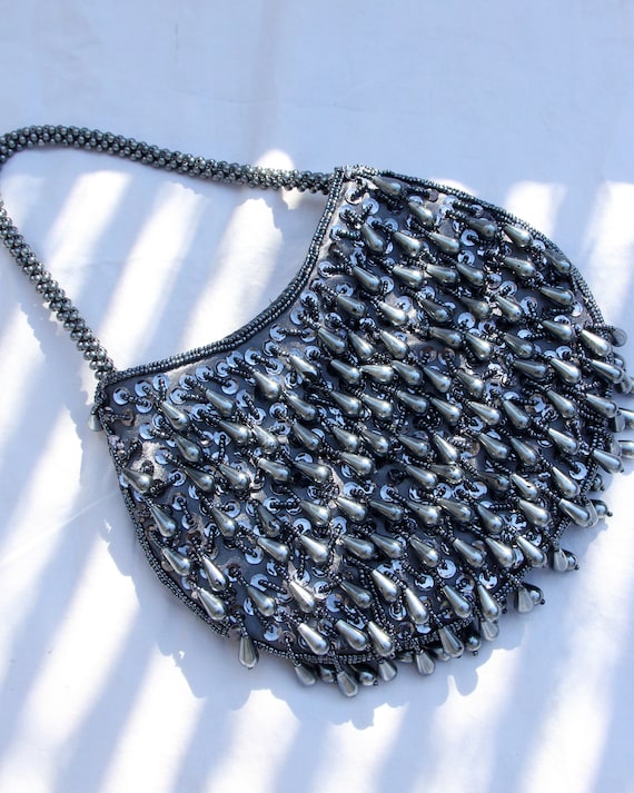 Vintage 1970s Slate Blue Beaded Mini Purse