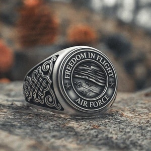 Air Force Ring 925 Sterling Silver Military Signet Ring, Freedom in Flight Design with Celtic Band, Handcrafted Veteran Gift