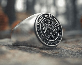 Gott Mit Uns Ring - German Coat of Arms Signet Ring in 925 Sterling Silver