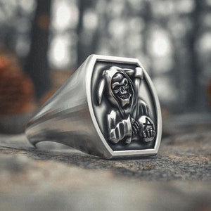 925 Sterling Silver Grim Reaper & Azrael Angel of Death Ring, Gothic Skull Biker Jewelry