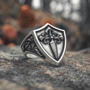 Cross Shield Ring 925 Sterling Silver, Medieval Knight Signet Band, Handmade Religious Protection Ring, Spiritual Shield Jewelry for Men
