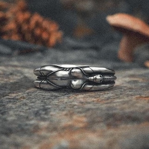 May include: A silver ring with an intricate, futuristic design. The ring features a series of interconnected, curved elements and a central, heart-shaped detail. The ring is set against a blurred, natural background.