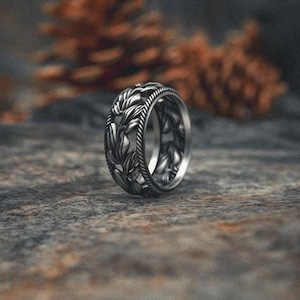 Handmade Silver Leaf Engraved Ring - Nature Inspired Wedding Band - Forest Theme Leaves Wedding Band