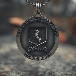 11th Armored Cavalry Necklace 925 Sterling Silver - Handcrafted Black Horse Regiment Pendant with Rearing Horse Shield - Military Tribute