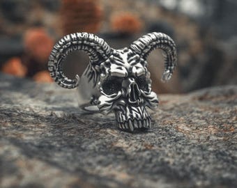Ram Horn Skull Ring 925 Sterling Silver | Men's Gothic Demon Statement Ring | Handcrafted Biker Jewelry | Occult Gift for Him