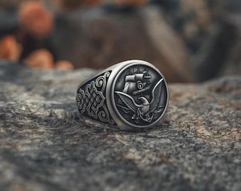 USA Navy Ring | Handcrafted 925 Sterling Silver Naval Maritime Signet Ring | Deep Sea Tribute