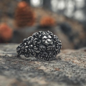 Lion Head Ring | 925 Sterling Silver Royal Signet | Baroque Fleur De Lis Design | Handcrafted Statement Jewelry | Majestic Heritage Gift