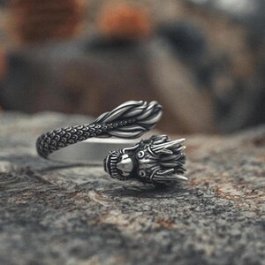 Dragon Ring 925 Sterling Silver, Handcrafted Adjustable Fantasy Creature Jewelry, Mythical Beast Wrap Band, Unique Gothic Gift for Men Women
