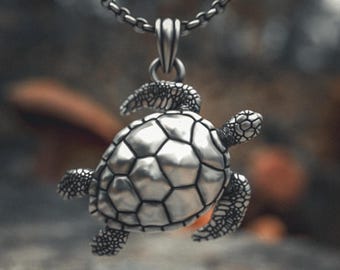 Turtle Pendant - 925 Sterling Silver Sea Turtle Necklace with Shell Pattern - Handcrafted Ocean Wildlife Jewelry
