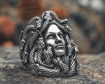 Medusa Ring 925 Sterling Silver - Greek Mythology Snake Hair Gorgon - Handcrafted Statement Jewelry - Powerful Unique Gift for Men Women