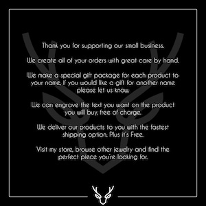Black and white store policy card featuring handmade jewelry care details, free engraving service, and fast shipping information with deer logo