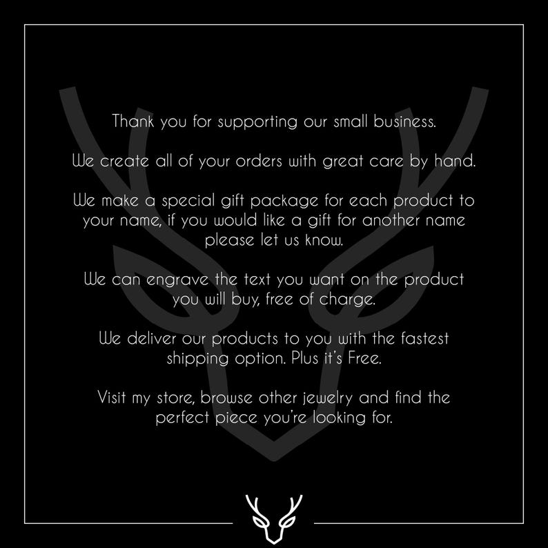 Black and white store policy card featuring handmade jewelry care details, free engraving service, and fast shipping information with deer logo