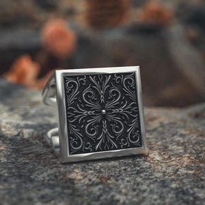 Ornate Square Silver Ring 925 Sterling Intricate Design Mens Jewelry Handcrafted Oxidized Statement Ring Unique Piece