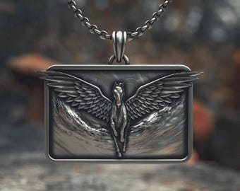 Pegasus Pendant Necklace 925 Sterling Silver, Handcrafted Flying Horse Mythological Jewelry, Oxidized Rectangle Medallion Gift for Men Women
