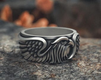 Eagle Ring 925 Sterling Silver | Handcrafted Patriotic Men's Band | Vintage Style Bird of Prey Jewelry | Wide Military Symbol Silver Ring