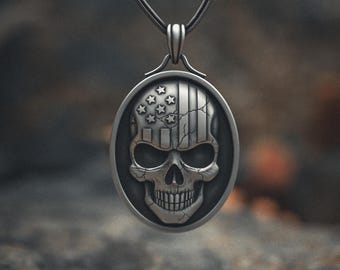 American Flag Skull Necklace - 925 Sterling Silver Patriotic Skull Pendant, Gothic Style Handmade Mens Jewelry Gift for Veterans