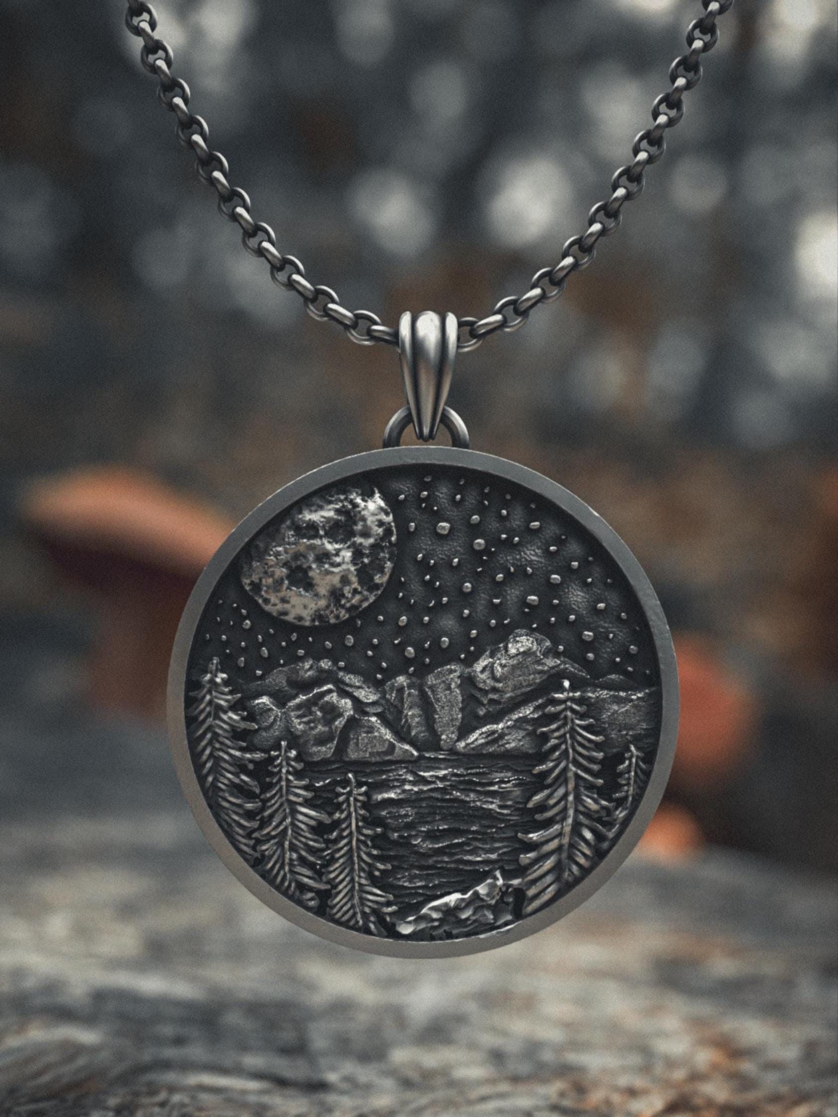 Mountain Pendant 925 Sterling Silver | Night Sky Necklace | Handcrafted Nature Landscape Jewelry | Moon and Stars Charm | Outdoor Lover Gift