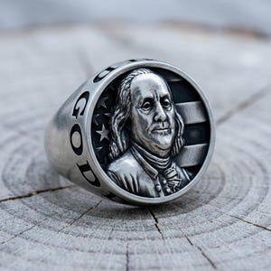 Benjamin Franklin USA Flaggenring in 925 Sterling Silber, oxidiertes Vaterländisches Siegelring Herren Schmuck, Handgefertigtes Geschichtsgeschenk