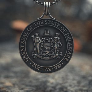 Delaware State Seal 925 Sterling Silver Necklace - Handcrafted First State Pendant - Liberty and Independence