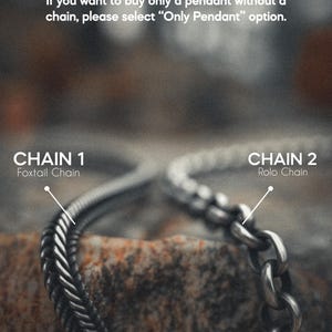 Sterling silver chain options comparison showing Foxtail and Rolo chain styles with detailed close-up view of texture and finish for jewelry selection
